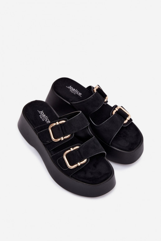Damen Clogs mit Plattform und Schnallen in Schwarz aus Kunstveloursleder Hazelia