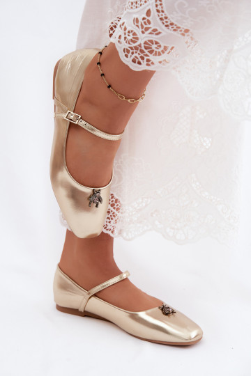 Damen Ballerinas mit Riemen und Schnallen in Goldfarbe aus Kunstleder Pinea