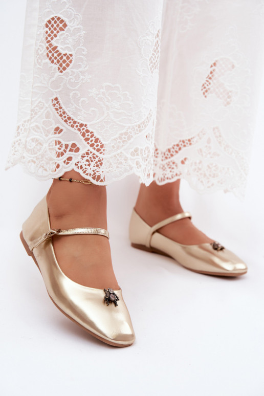 Damen Ballerinas mit Riemen und Schnallen in Goldfarbe aus Kunstleder Pinea
