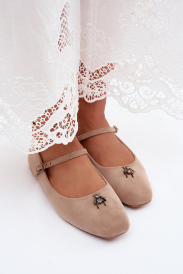 Damen Ballerinas mit Riemen und Schnallen in Sandfarbe aus Kunstveloursleder Pinea