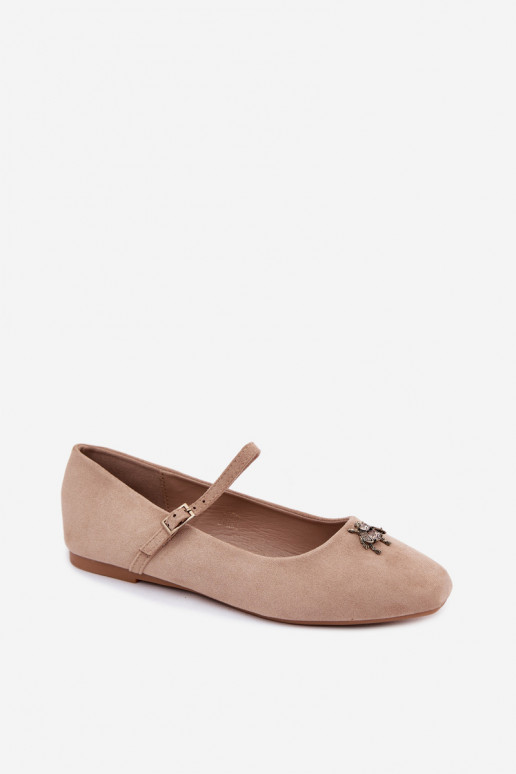Damen Ballerinas mit Riemen und Schnallen in Sandfarbe aus Kunstveloursleder Pinea
