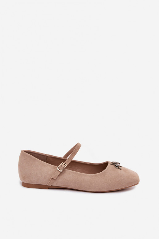 Damen Ballerinas mit Riemen und Schnallen in Sandfarbe aus Kunstveloursleder Pinea