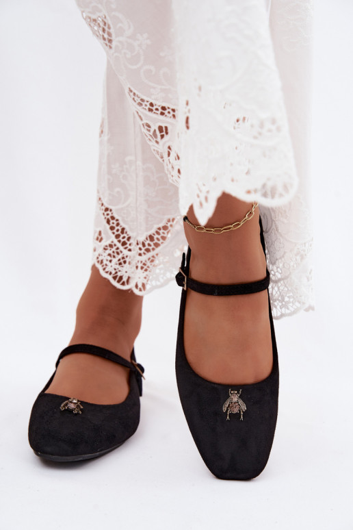 Damen Ballerinas mit Riemen und Schnallen in Schwarz aus Kunstveloursleder Pinea