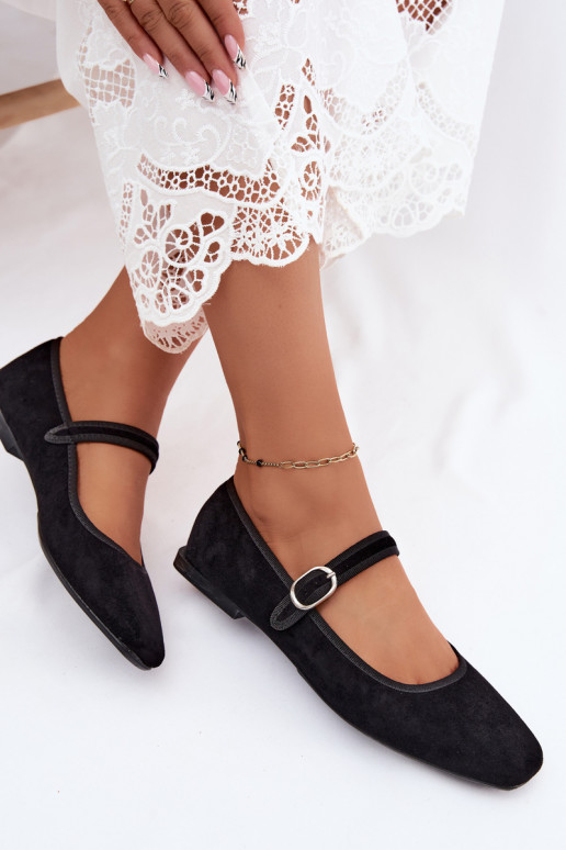 Damen Ballerinas mit Riemen in Schwarz aus Kunstveloursleder Birchia