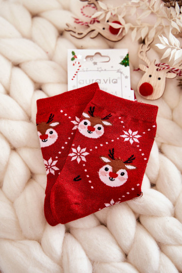 Damen Weihnachtsstrümpfe mit Glanz in roter Farbe Reindeers
