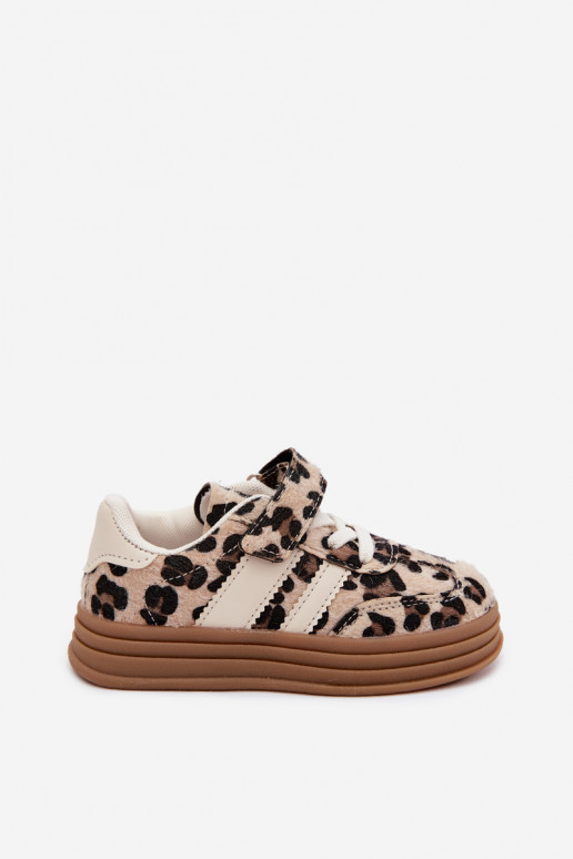Kindersportschuhe mit Leopardenmuster und Klettverschluss in Sandfarbe Satinia
