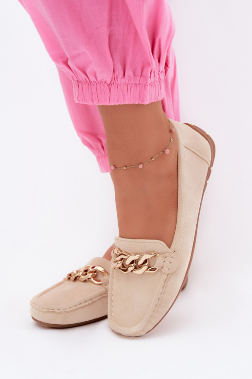 Damen Mokassins in Gold mit Kette aus Kunstveloursleder in Sandfarbe Amaretto