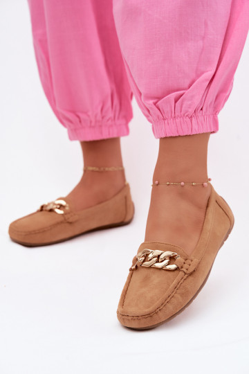 Damen Mokassins in Gold mit Kette aus Kunstveloursleder in Braun Amaretto 2