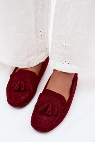 Damen Mokassins mit Fransen aus Kunstveloursleder in Bordeaux Linden