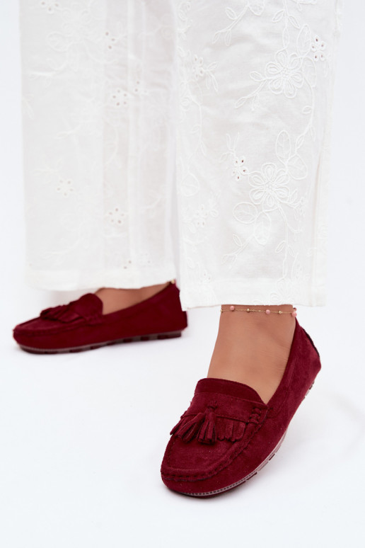 Damen Mokassins mit Fransen aus Kunstveloursleder in Bordeaux Linden