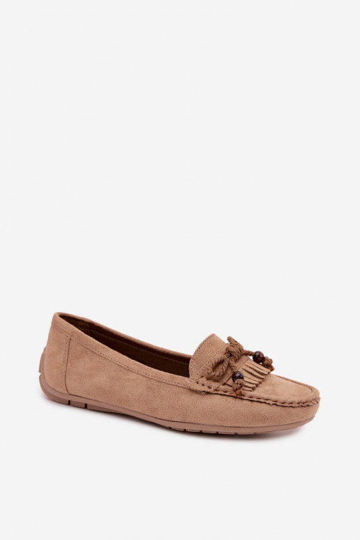 Damen flache Mokassins mit Schleifen und Fransen aus Kunstveloursleder in Sandfarbe Bluebell