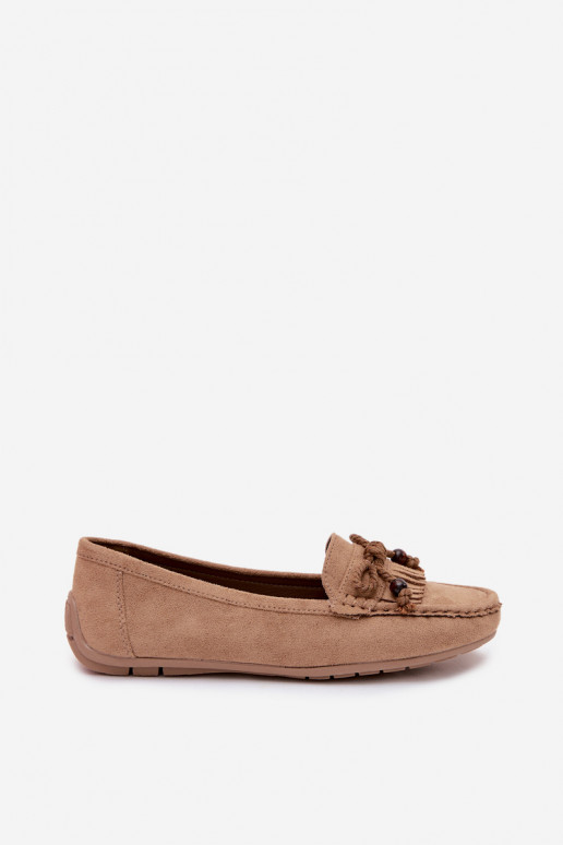 Damen flache Mokassins mit Schleifen und Fransen aus Kunstveloursleder in Sandfarbe Bluebell