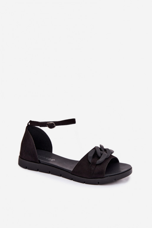 Flache Sandalen für Frauen mit Ketten Vinceza 17320 schwarz