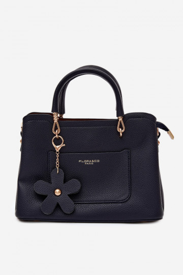 Handtasche mit Kunstleder-Schlüsselanhänger mit Blumenmotiven in Dunkelblau Noomi