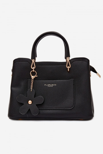 Handtasche mit Kunstveloursleder-Schlüsselanhänger mit Blumenmotiven in Schwarz Noomi