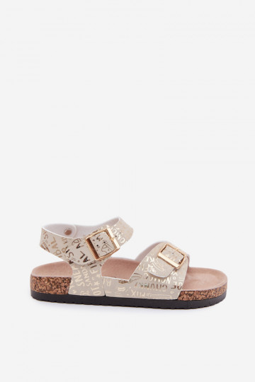 Goldene Kindersandalen mit Schnallen und Aufschriften Praline 2