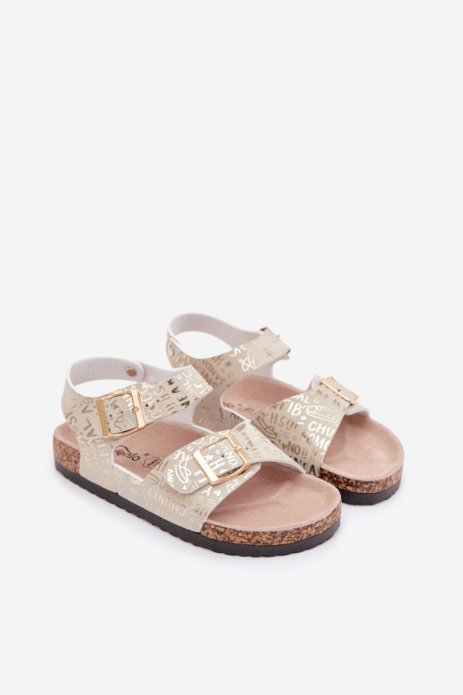 Goldene Kindersandalen mit Schnallen und Aufschriften Praline