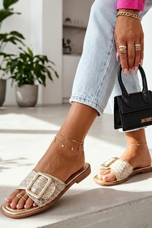 Goldene Damenclogs mit verziertem Netzschaft Sibyl