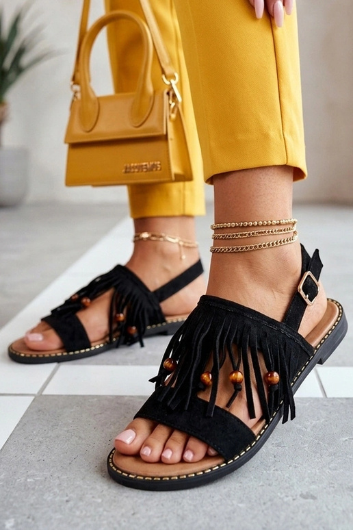 Schwarze flache Sandalen mit Quasten Gladys
