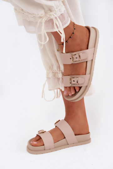 Damen Sandfarbene Slipper mit goldenen Schnallen Vilja