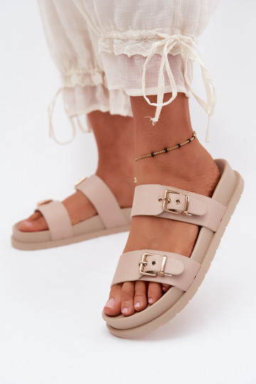 Damen Sandfarbene Slipper mit goldenen Schnallen Vilja 2