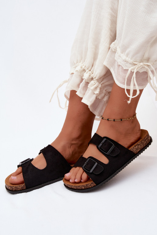 Damen schwarze Slipper mit Schnallen Brigid