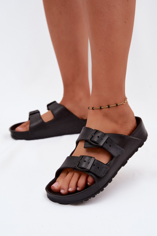 Damenleichte schwarze Slipper mit Schnallen Calico