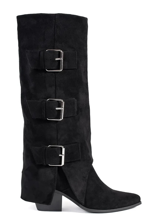 Schwarze Kunstveloursleder Stiefel mit Schnallen