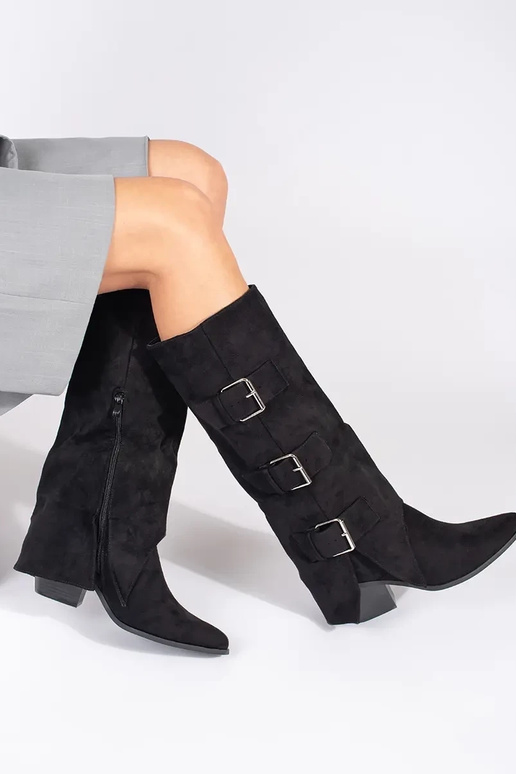 Schwarze Kunstveloursleder Stiefel mit Schnallen