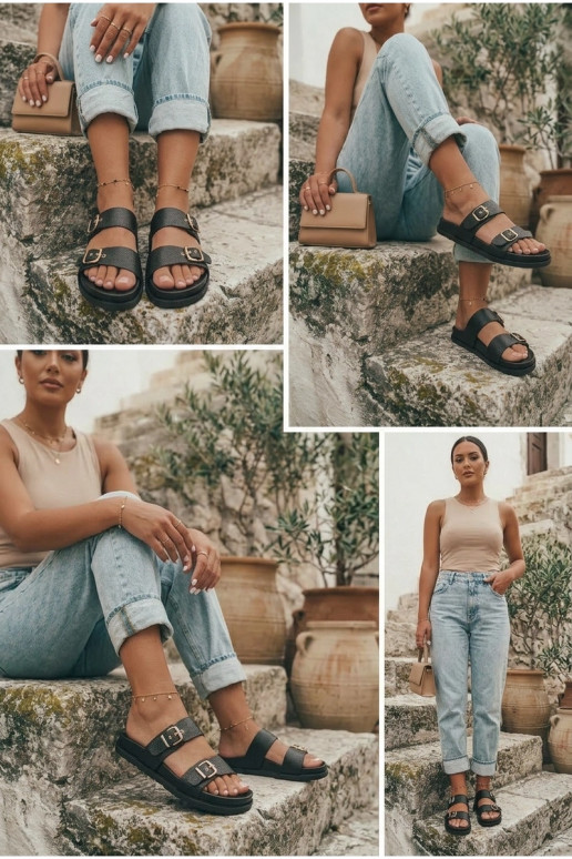 Damen schwarze Slipper mit goldenen Schnallen Vilja