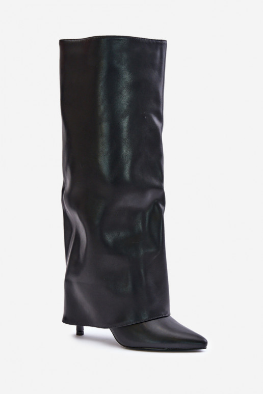 Wärmende lange Stiefel mit dünnen Absätzen und eingenähter Choleika in schwarzer Farbe Tamonia