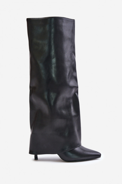 Wärmende lange Stiefel mit dünnen Absätzen und eingenähter Choleika in schwarzer Farbe Tamonia