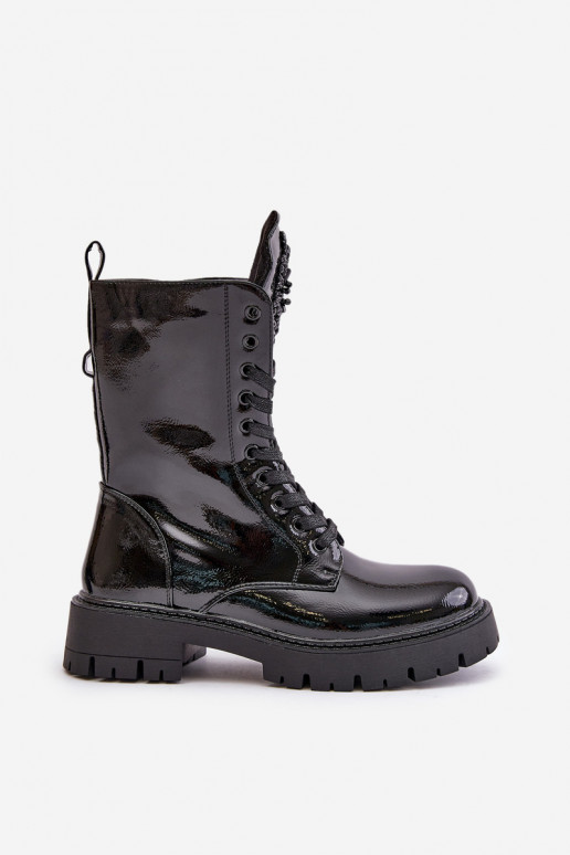 Schwarze Arbeitsstiefeletten mit Ornamenten und Lackeffekt Kelilea