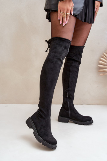 Schwarze Overknee-Stiefel mit breiten Absätzen aus Kunstveloursleder Arkelia 2