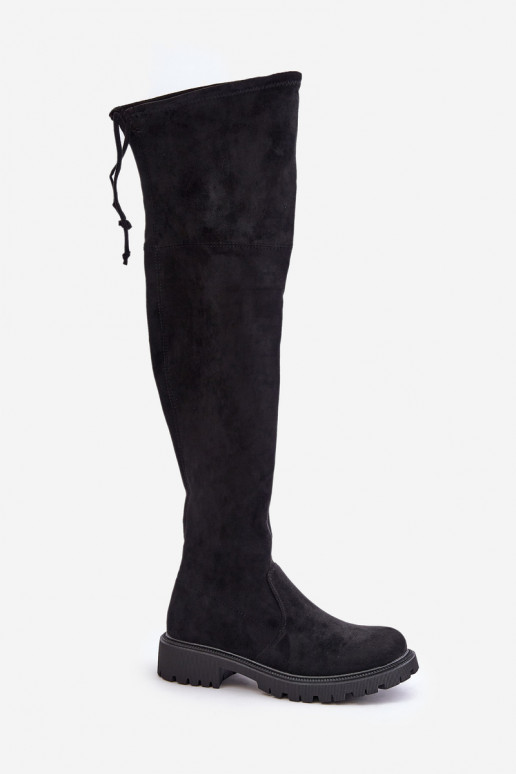 Schwarze Overknee-Stiefel mit breiten Absätzen aus Kunstveloursleder Arkelia