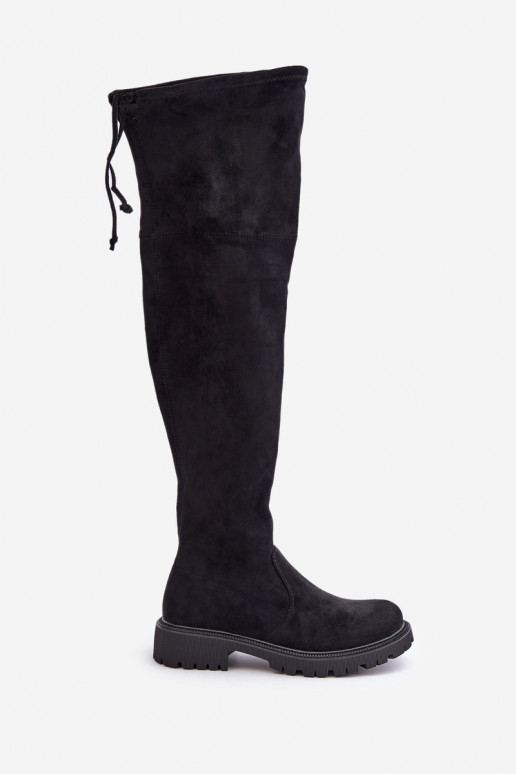 Schwarze Overknee-Stiefel mit breiten Absätzen aus Kunstveloursleder Arkelia