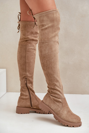 Beige Overknee-Stiefel mit breiten Absätzen aus Kunstveloursleder Arkelia 2