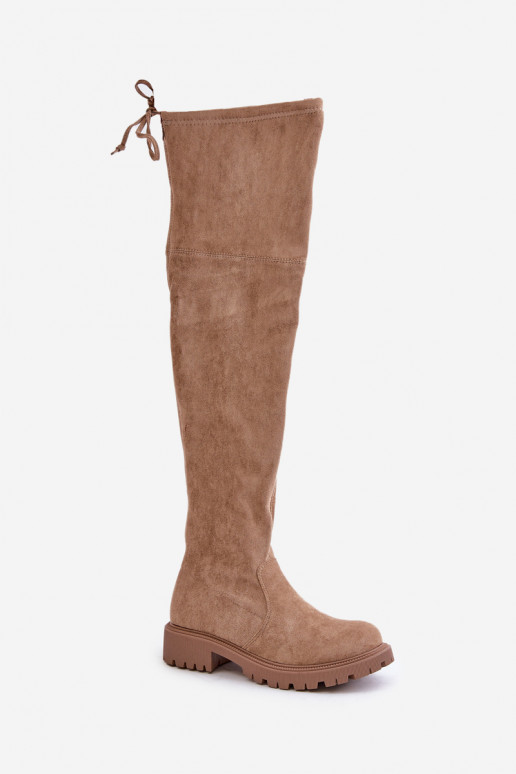 Beige Overknee-Stiefel mit breiten Absätzen aus Kunstveloursleder Arkelia