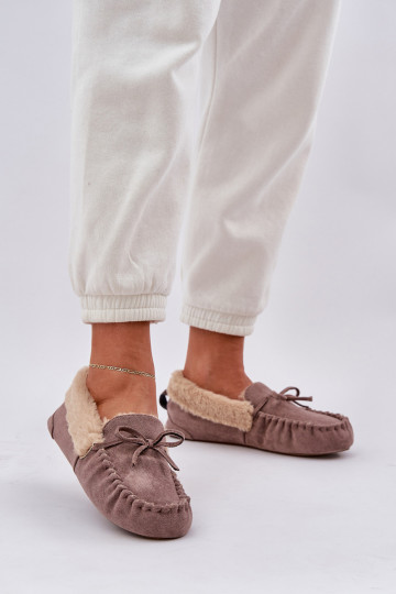 Beige Damen Mokassinslipper mit Fell Kleogoria