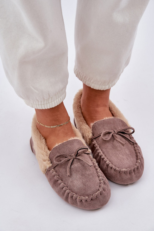 Beige Damen Mokassinslipper mit Fell Kleogoria