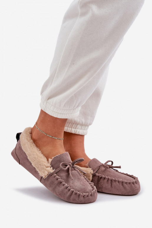 Beige Damen Mokassinslipper mit Fell Kleogoria