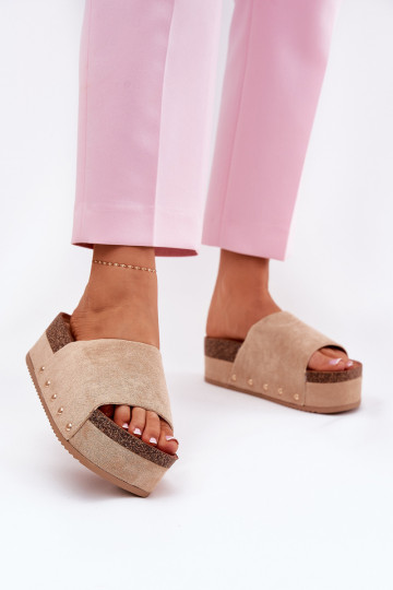Damen-Pantoletten auf Plattform aus khaki Kunstveloursleder Vinnibe