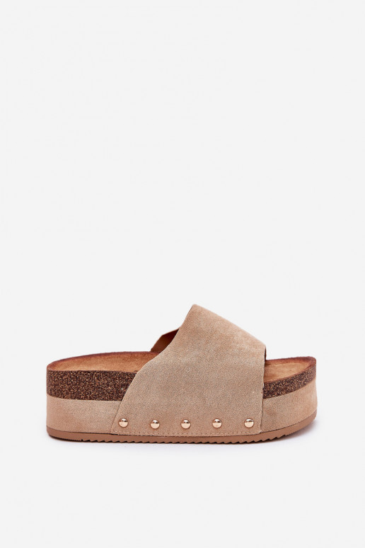 Damen-Pantoletten auf Plattform aus khaki Kunstveloursleder Vinnibe