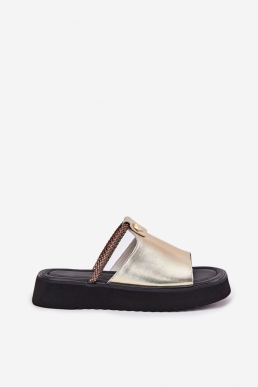 Lederpantoffeln für Damen mit Plattform und verzierten Absätzen in Gold D&A MK51-475
