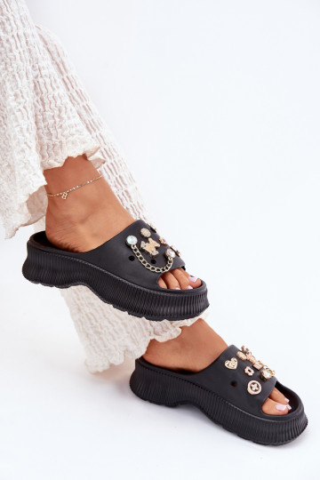Leichte Damen-Slipper mit goldenen Details und Clips in schwarz Hortiana