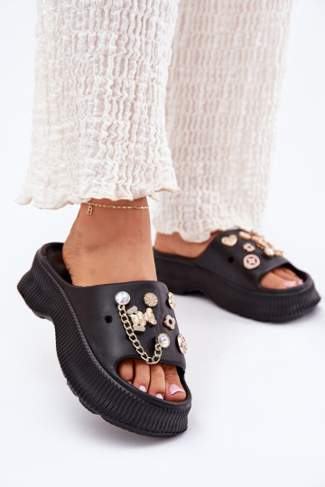 Leichte Damen-Slipper mit goldenen Details und Clips in schwarz Hortiana 2