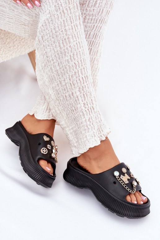 Leichte Damen-Slipper mit goldenen Details und Clips in schwarz Hortiana