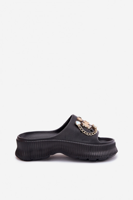 Leichte Damen-Slipper mit goldenen Details und Clips in schwarz Hortiana