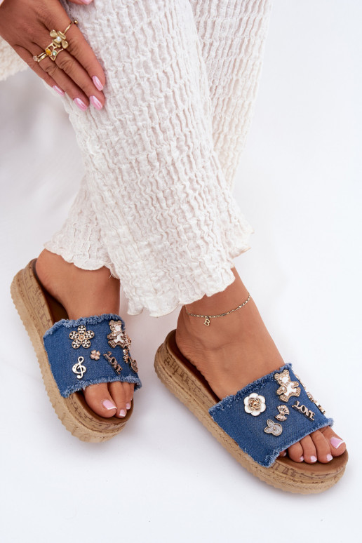 Damen Pantoletten mit Plattform in gold und dunkelblau Rigasta