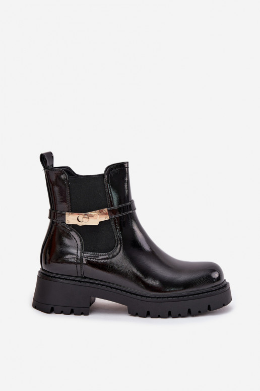 Stylische isolierte Stiefeletten mit Lackeffekt und verzierten Absätzen in Schwarz Vivessa